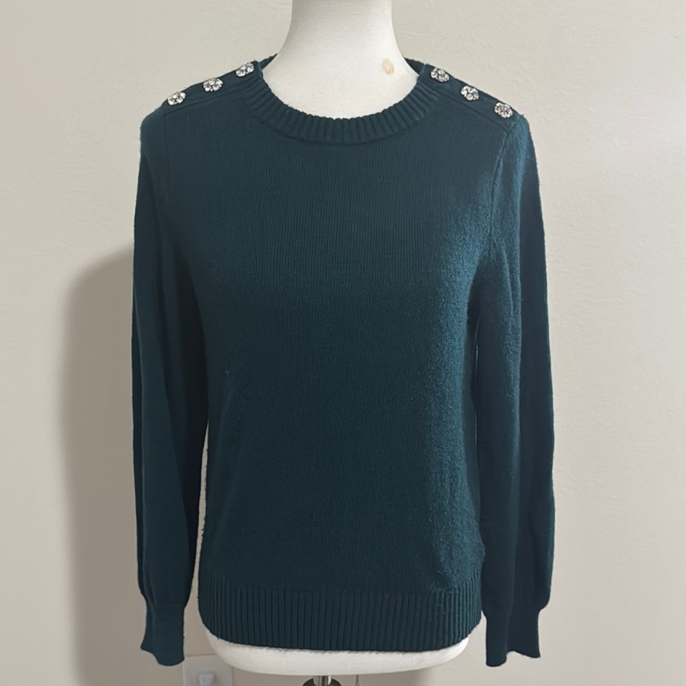Women's J. Crew Green Sweater with Embellished Shoulders Size Small